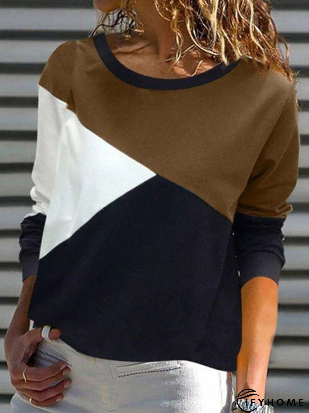 Multicolor Paneled Round Neck Casual Long Sleeve Top | IFYHOME