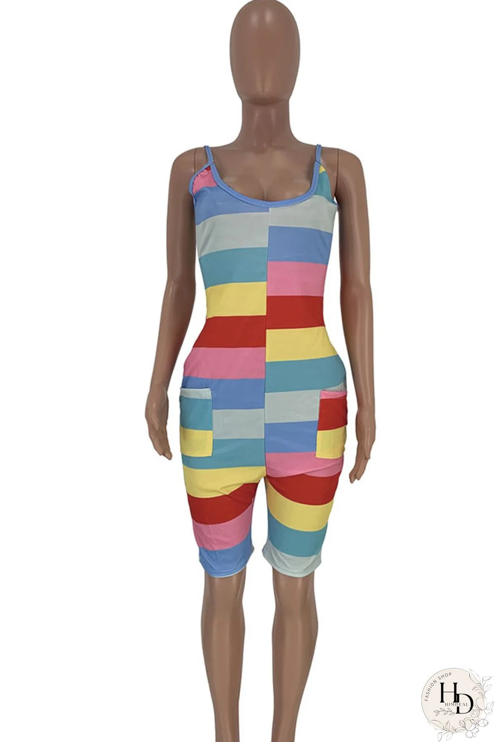 Green Sexy Fashion Patchwork Striped Print Polyester Sleeveless Slip Rompers