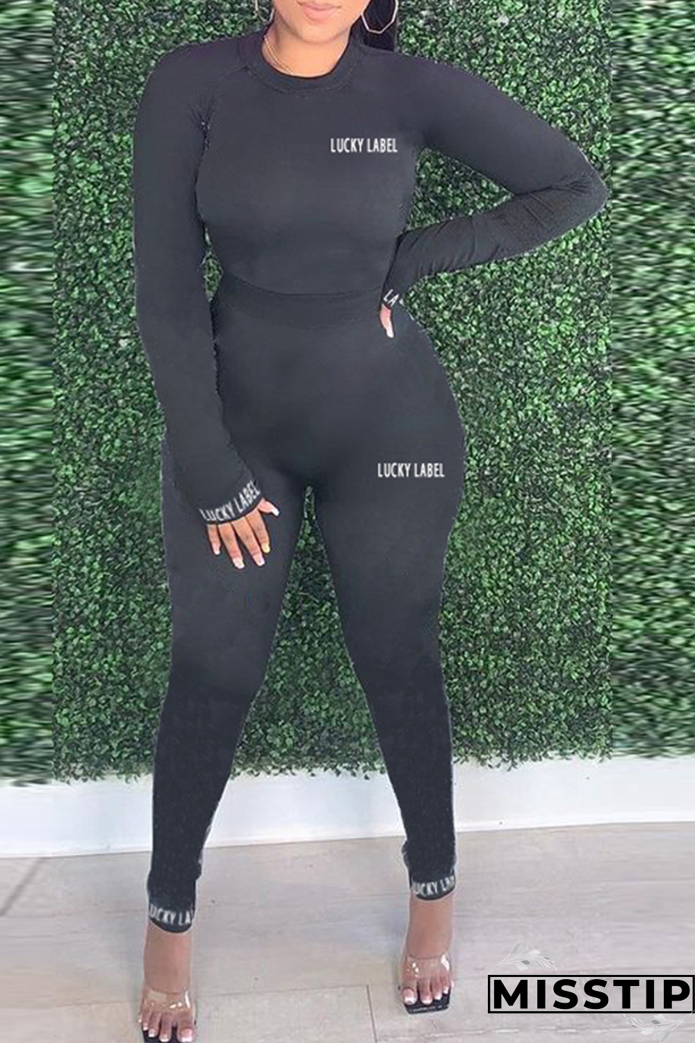 Black Casual Print Patchwork Letter O Neck Long Sleeve Two Pieces