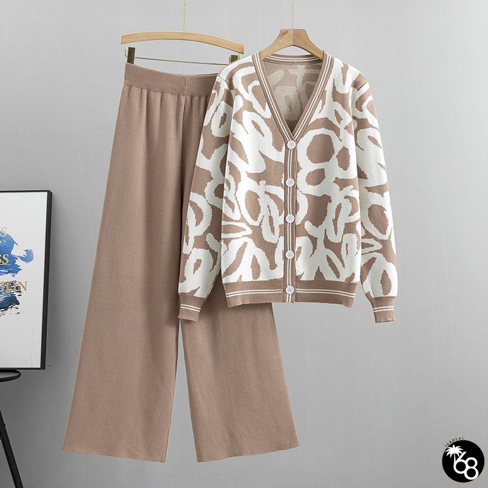 Leopard print knitted cardigan sweater wide-leg pants two-piece set | 168DEAL