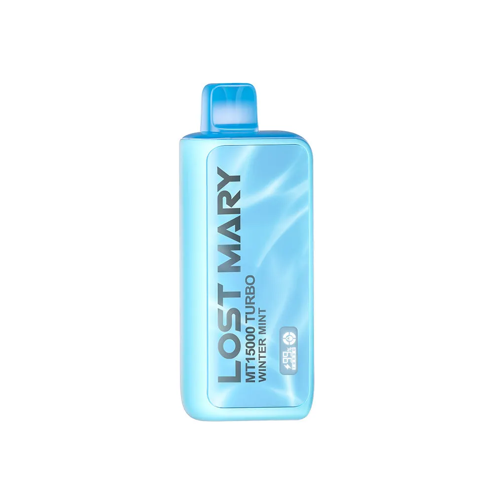 LOST MARY MT15000 Turbo Winter Mint disposable vape in light blue with wave pattern.