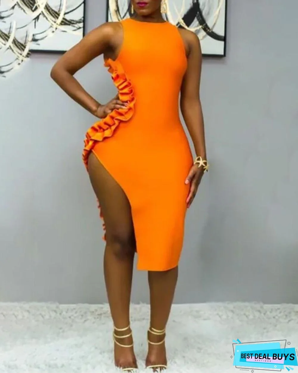 Solid Sleeveless Ruffles High Slit Dress