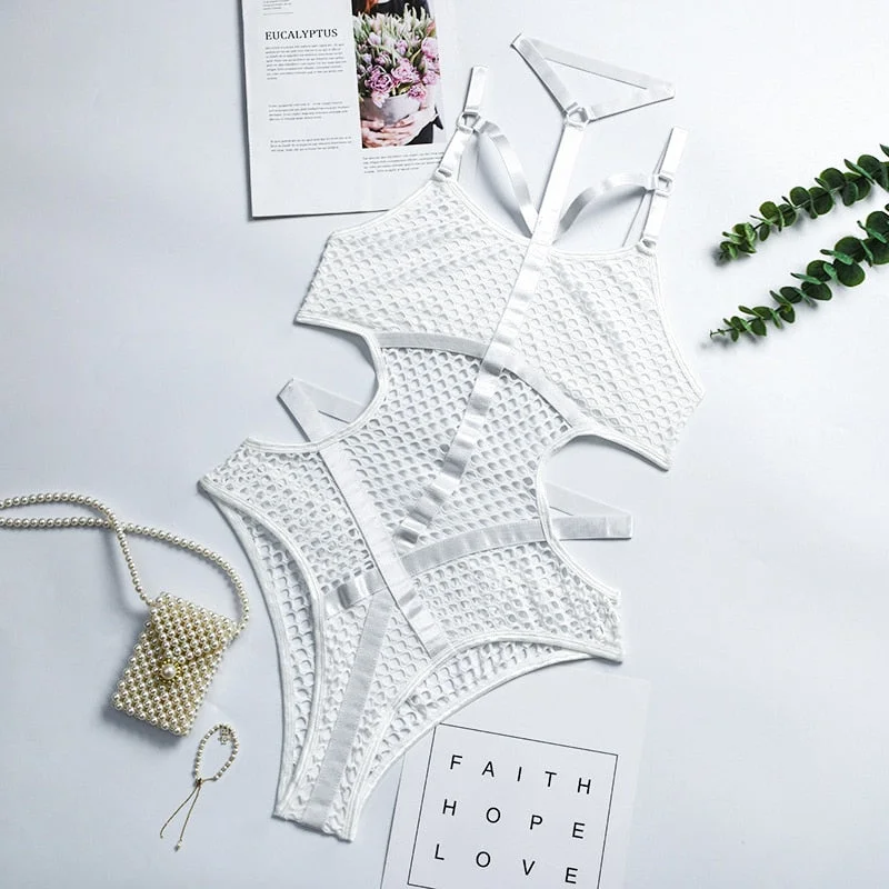 Ellolace Sheer Knit Fish Net Mesh Bodysuit Women Sexy Goth Lingerie Overalls Hollow Out Sleeveless Body Black Lace Top