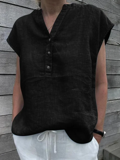 Cotton Linen Shirt Ladies Casual V-Neck Button Short Sleeve Solid Color Top