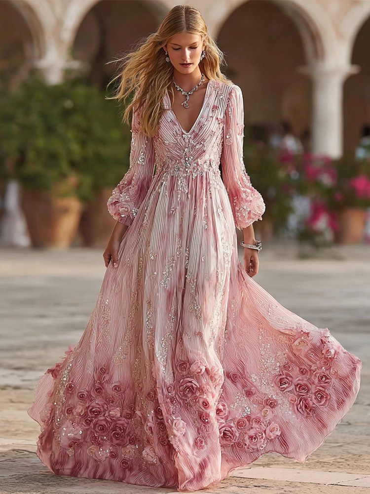 Glitter Boho Roses Embroidered V Neck Flowy Maxi Dress wearshes