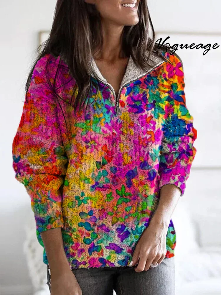 Bright Ink Flowers Small Florals Zippered Long-Sleeved Sweater