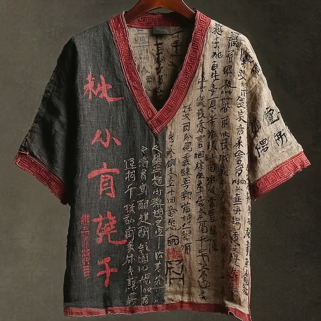 Men's Japanese Calligraphy And Dragon Art Linen Blend V-neck T-shirt  artssus