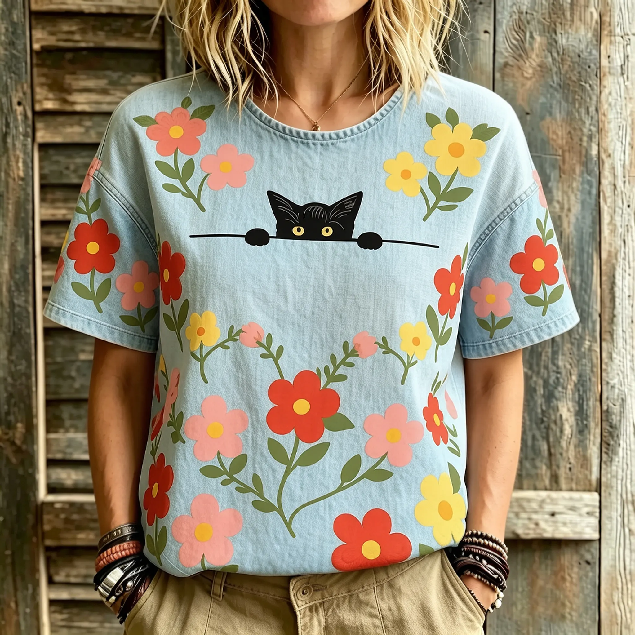 Comstylish Women's Hippie Cute Cat With Floral Art Print Linen Blend Round Neck Tshirt