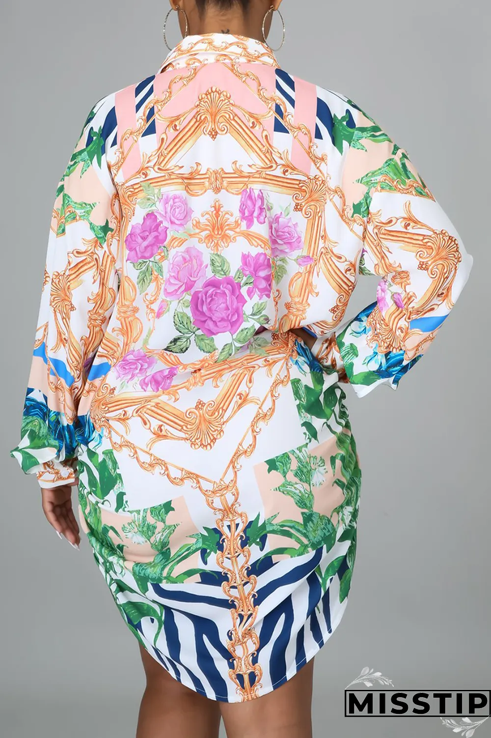 Multicolor Casual Print Patchwork Turndown Collar Shirt Dress Dresses