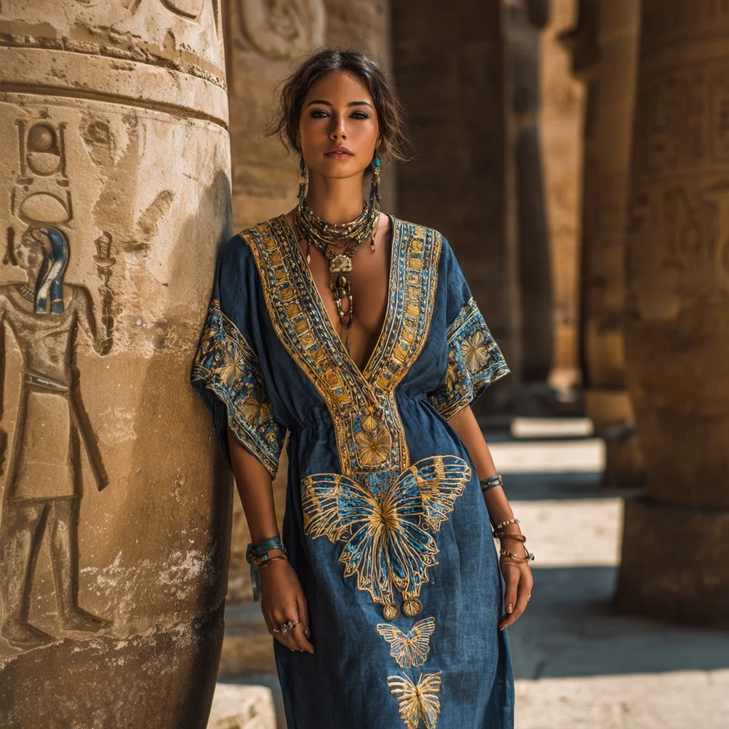 Women's Egyptian Butterfly Art Casual V Neck Linen Dress