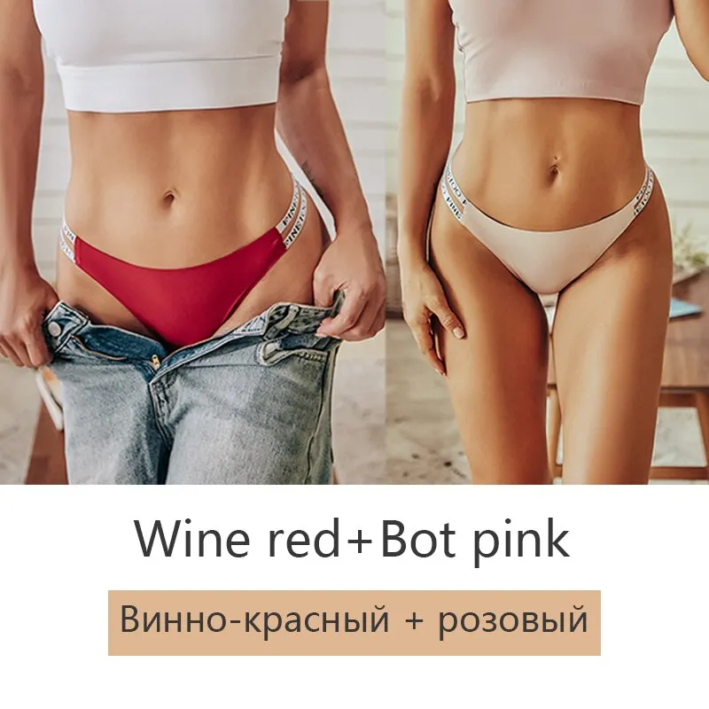 FINETOO 2Pcs/set Seamless Thongs Women Brazilian Underwear M-XL Female Panties Fashion Hollow Low Waist Letter Bikini Panty 2021