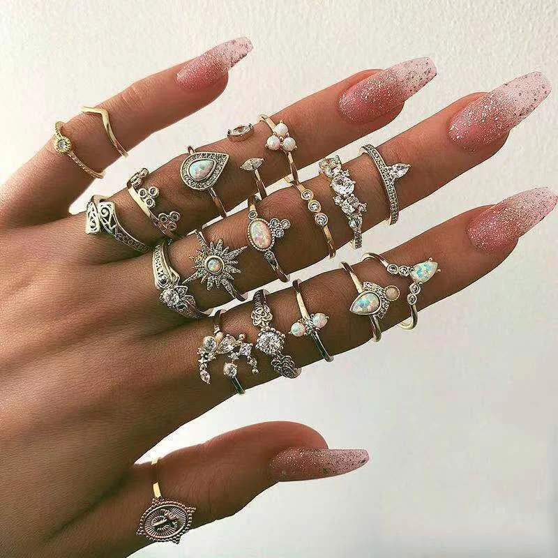 Women plus size clothing 19 Pieces Geometric Bohemia Crown WaterDrop Rings Set Wholesale Cheap Jewelry-Nordswear