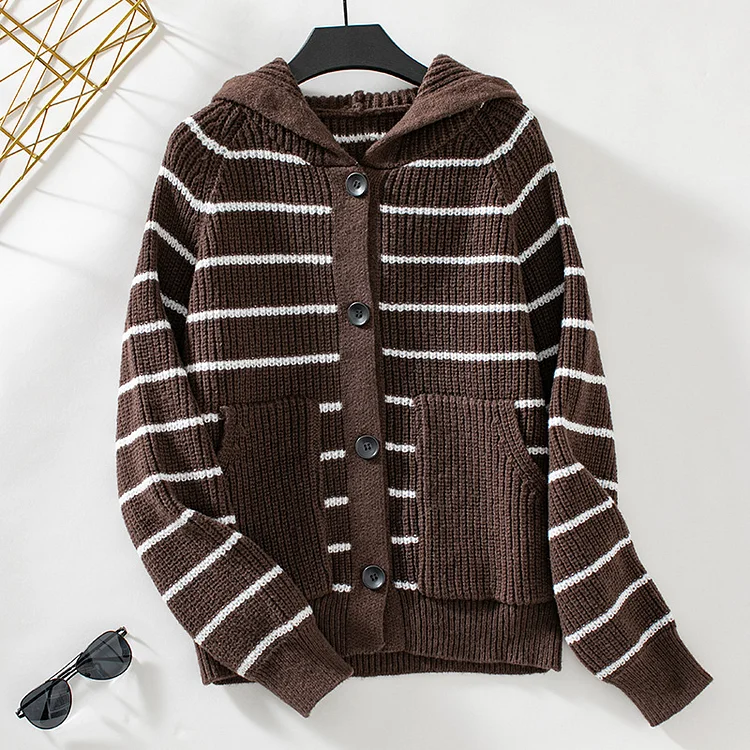 Women's Autumn Sweater Cardigan Striped Knitted V Neck Single Breasted Sweater