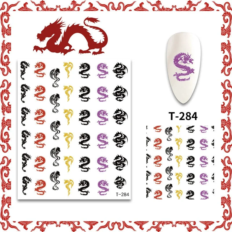 New 3D Nail Art Stickers Decals Red Black Dragons Design Colorful Adhesive Stickers Nail Art Decoration-Nail Inspo