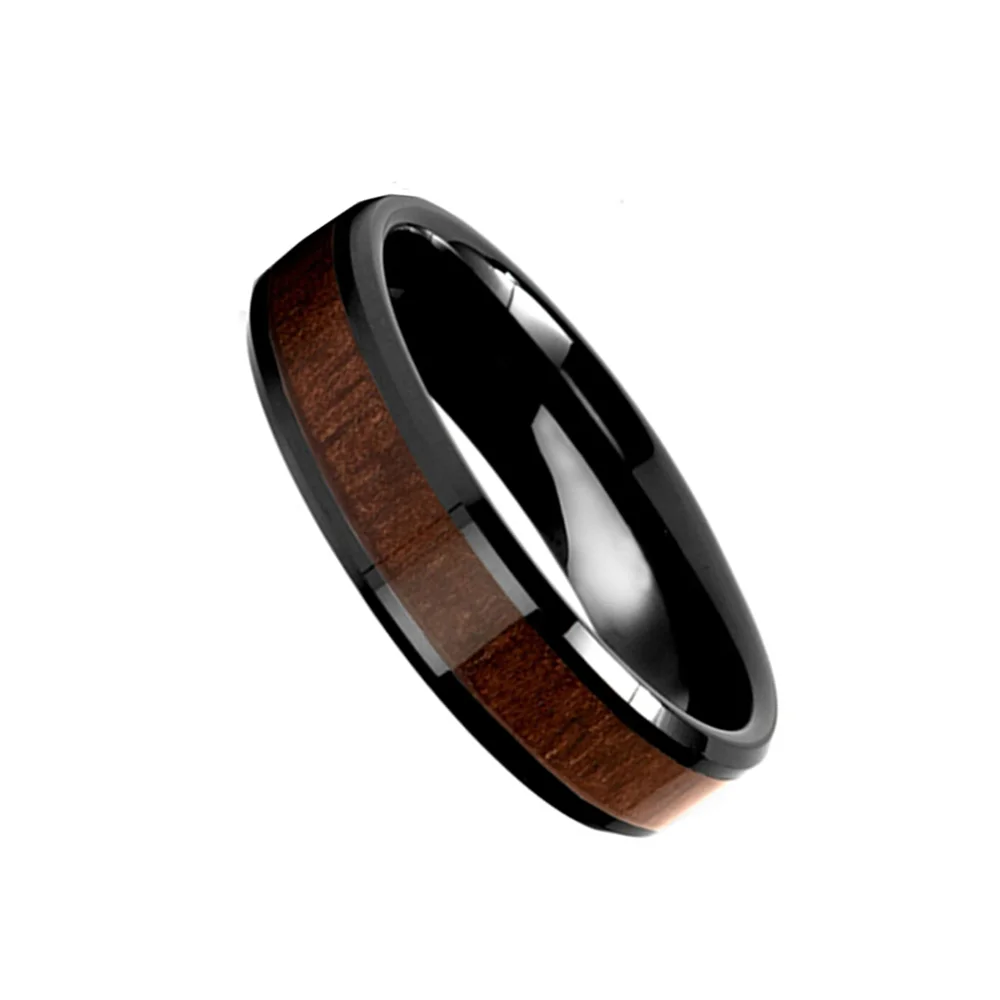 6MM 8MM Black Plated Tungsten Carbide Rings Wood Inlay Bevel Edge Men Wedding