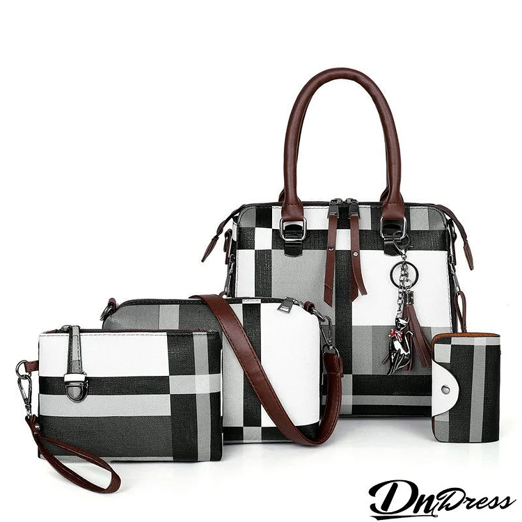 Women Fashion Stripe Color Block Tassel Pendant Coin Purse Crossbody Bag Large Capacity PU Handbag Set