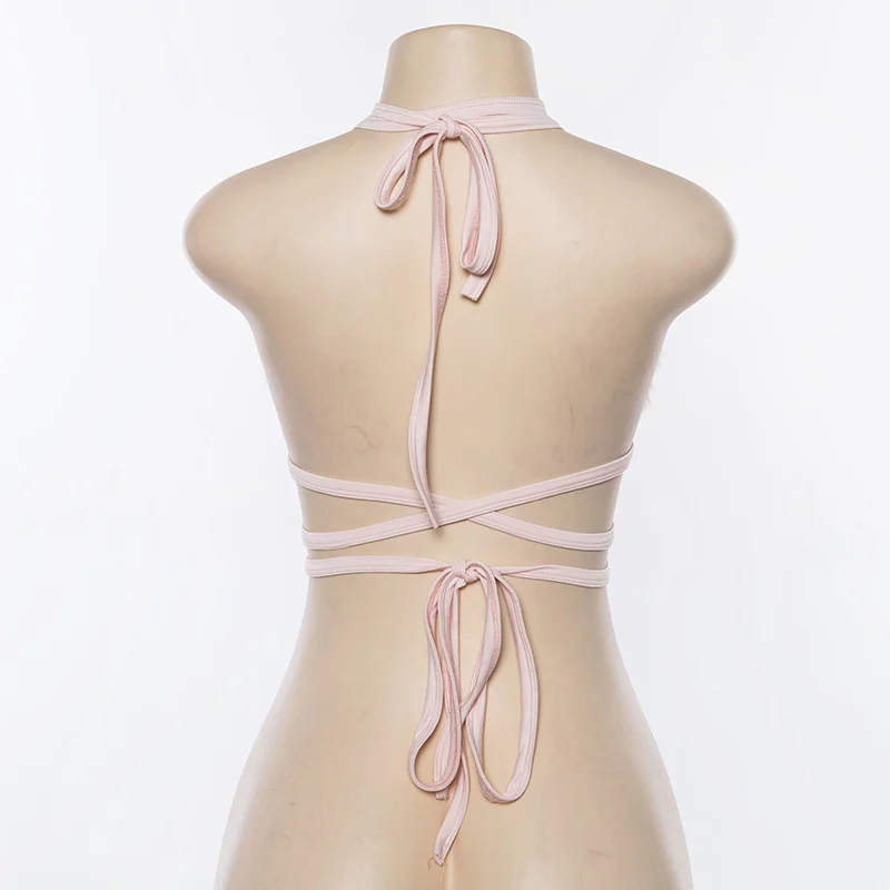 Mongw Fuzzy Pink Faux Fur Sexy Bralette Crop Top Rave Festival Halter Backless Bandage Summer Tops for Women 2023 C94-H01