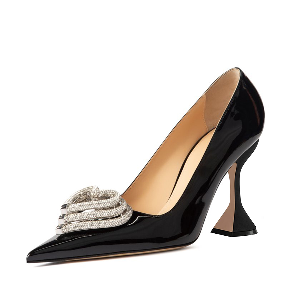Black Patent Leather Closed Pointed Toe Rhinestone Heart Pumps With Flared Heels Nicepairs