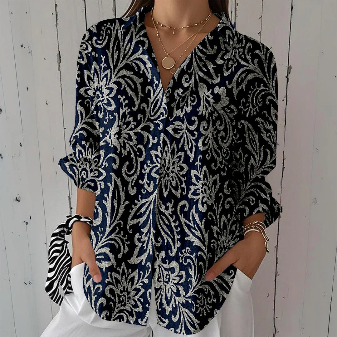 Style & Comfort for Mature Women Women Floral, Black DZCL0206 3/4 Sleeve Shirt Collar Printed Button Tops