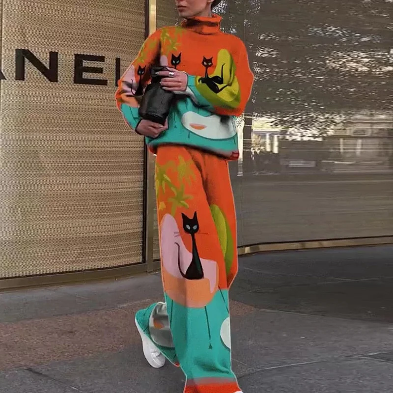 Casual Two Piece Outfits Graffiti Printing Sweatshirt Suits Women Streetwear Turtleneck Top + Wide Leg Pants Tracksuit 2 PC Sets