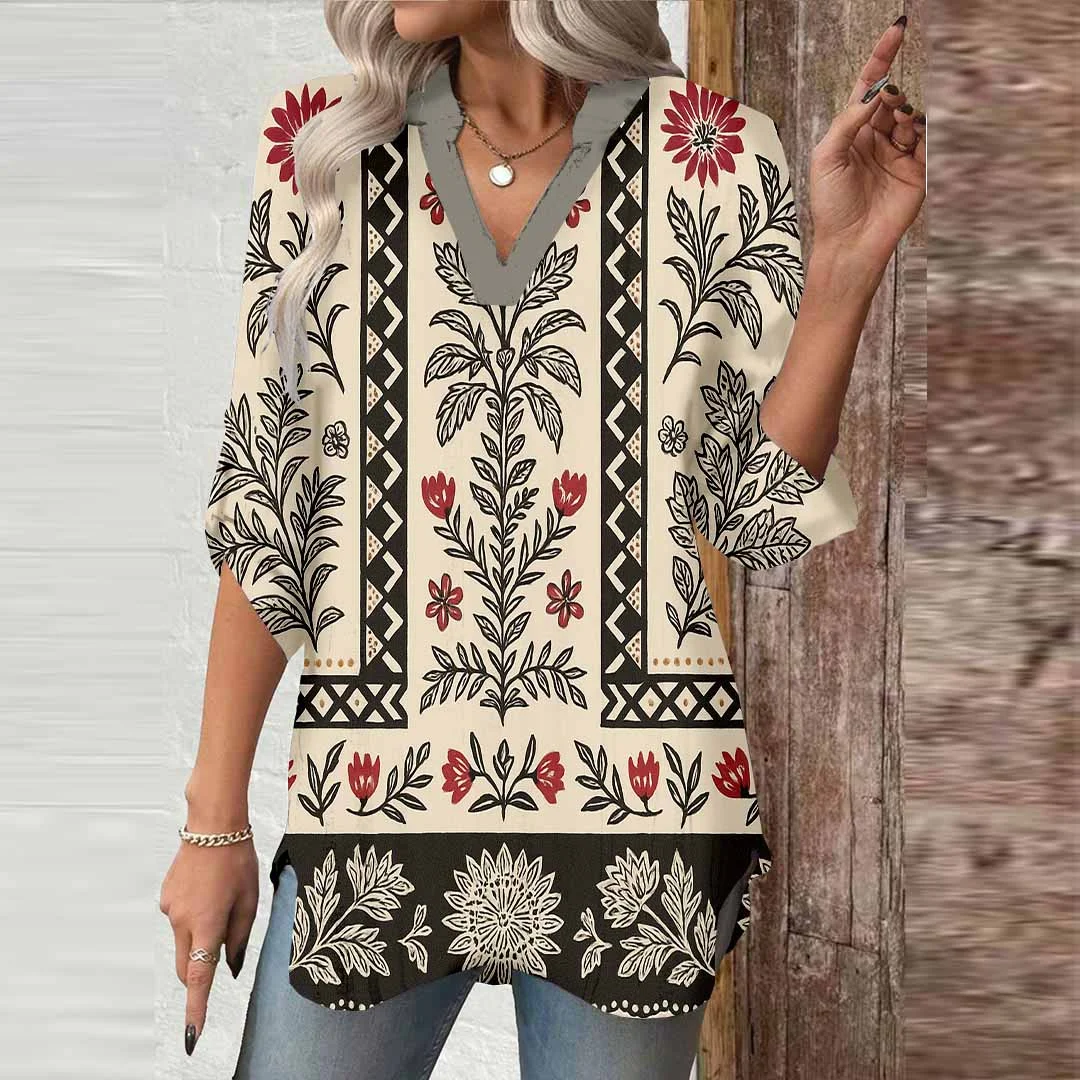 Women Tropical, Black DZGA0091 3/4 Sleeve V-neck Printed Graphic Button Tops