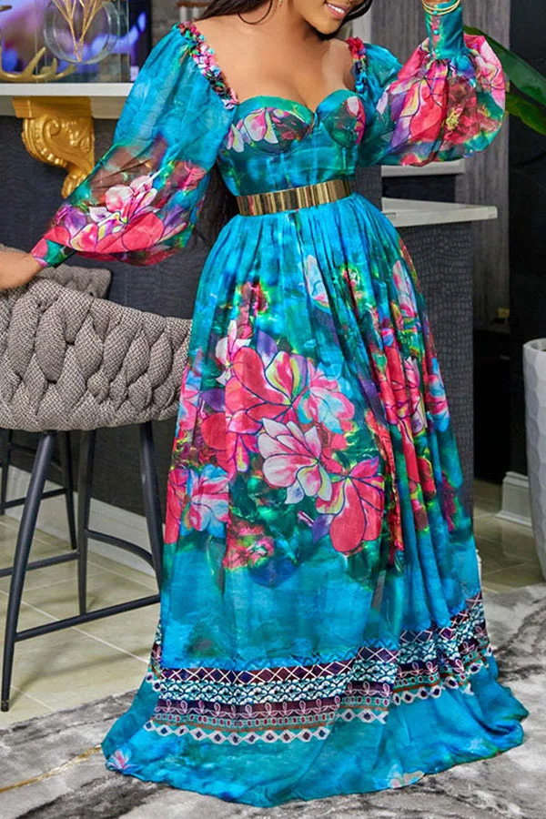 Floral Print Romantic Backless Maxi Dress