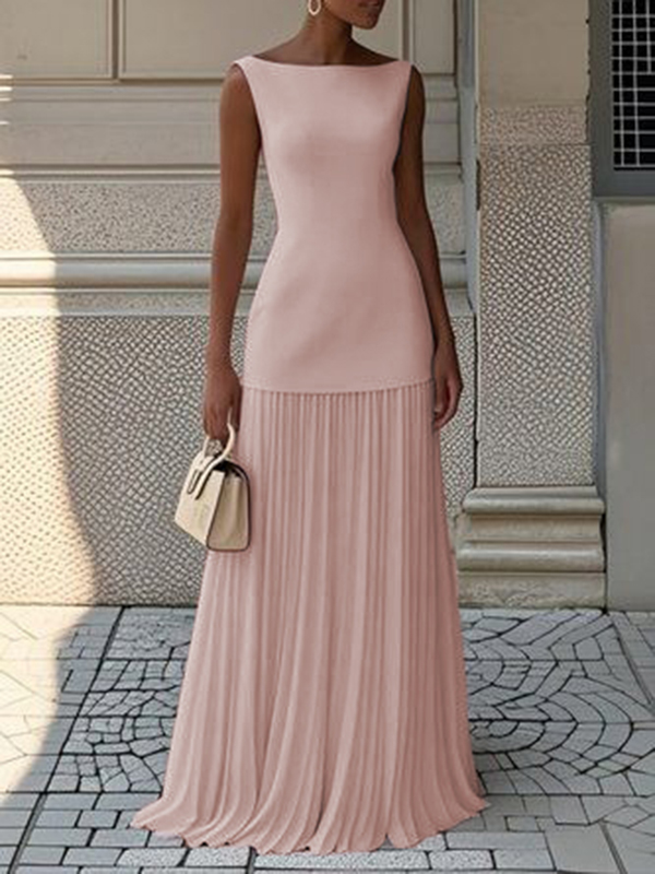 Split-Joint Solid Color Pleated Gauze Sleeveless Boat Neck Maxi Dresses Evening Dresses DUSTY ROSE-2XL