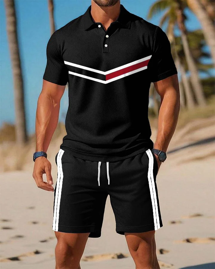 Men's Casual Fashion Striped POLO Shirt Set