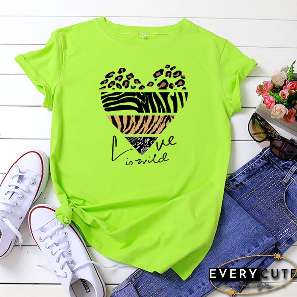White Woman Tshirts Summer TShirt Fashion Heart Leopard Print Shirt 100%Cotton Tops O Neck Short Sleeve Tees Women Graphic Tee