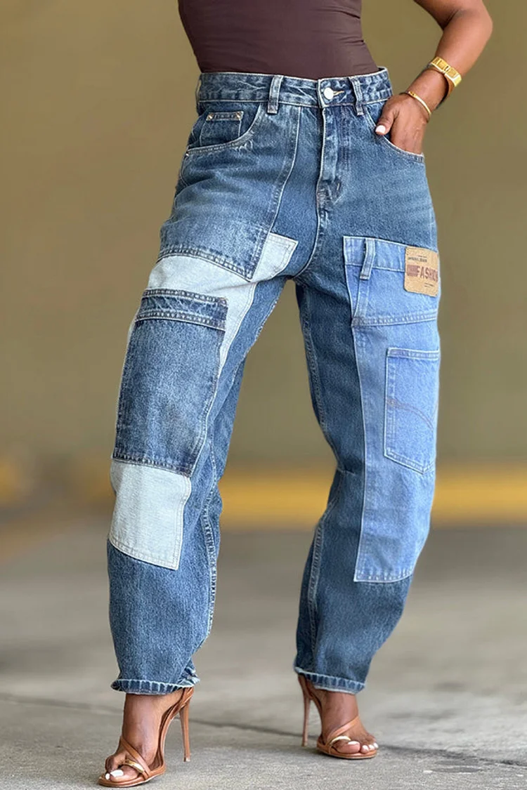 Plus Size Daily Blue Pocket Casual Contrast Denim Jeans [Pre-Order] 2024 - Xpluswear