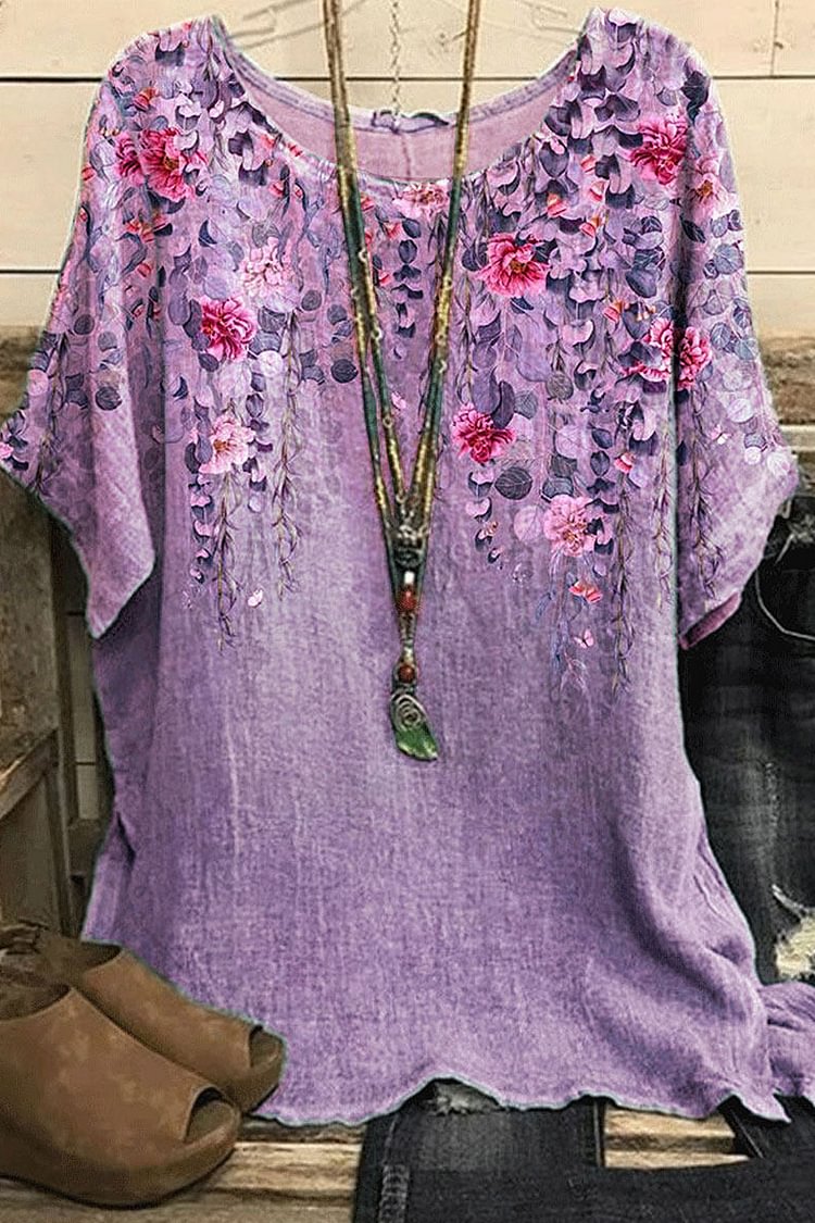 Flycurvy Plus Size Casual Purple Linen Wash Painting Plant Floral Print Blouse  Flycurvy [product_label]