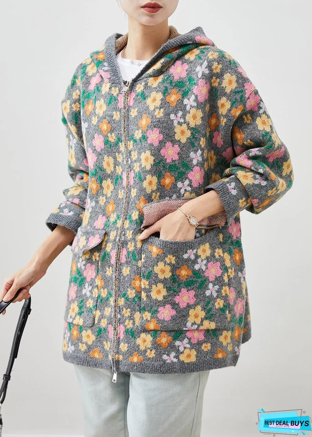 Stylish Grey Zip Up Floral Print Knit Coat Spring
