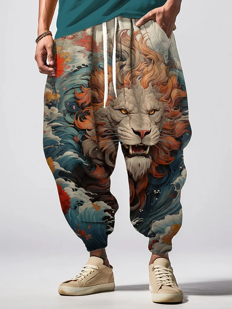 Men's Japanese Art Wave Lion Print Loose Drawstring Waist Pocket Sweatpants