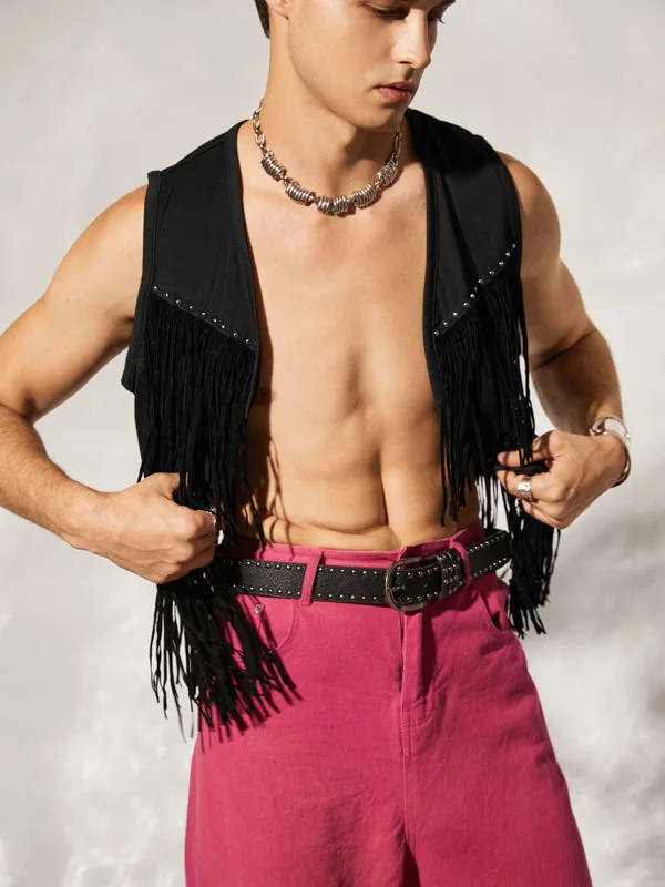 Aonga - Mens Fringe Detail Front Open Waistcoat J