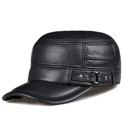 RY108 TOP Male Earmuffs Genuine Leather Flat Army Hats For Men Winter Ear Head Warm Chapeau Hombre Leisure Fishing Baseball Caps