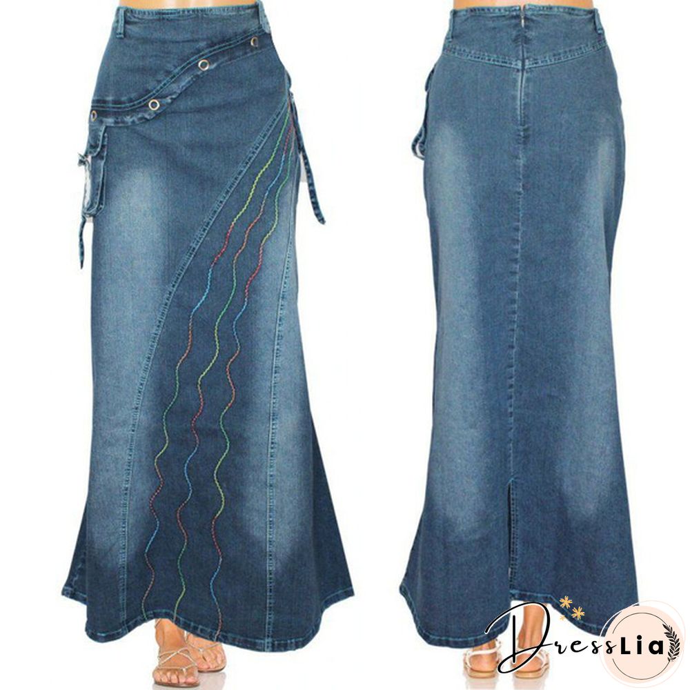 Women Fashion Casaul Stretch Cargo Denim Skirt Bell Skirt Floor Length Washed Denim Jeans Skirt Plus Size