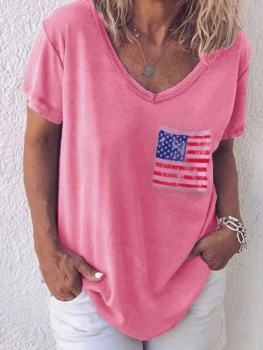 Independence Day Flag Pocket Printed Loose T-Shirt