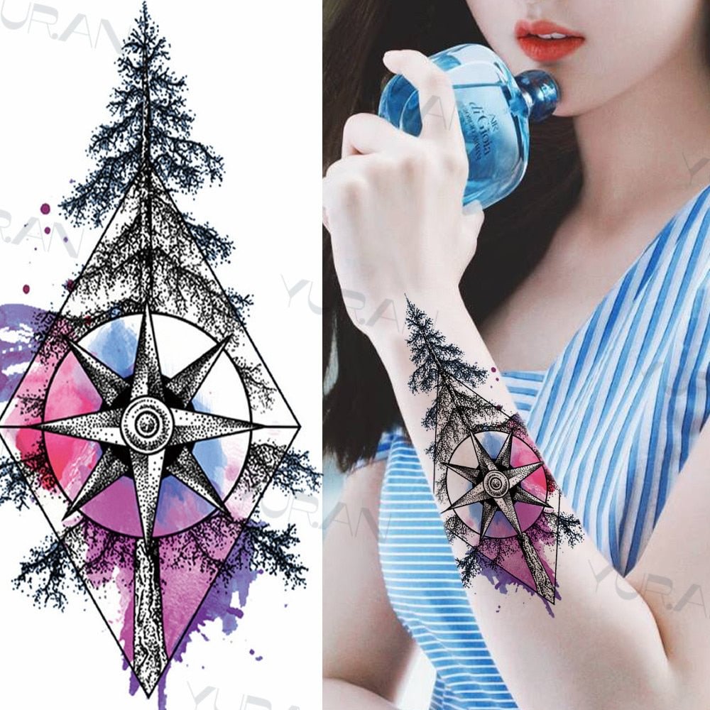 Sexy Black Flower Butterfly Temporary Tattoos For Women Thigh Men Fake Moon Rose Compass Fake Tatoos Forearm Tattoo Stickers