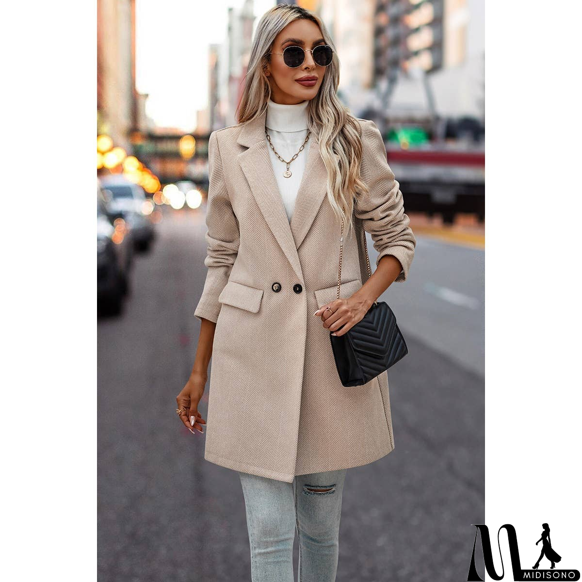 MidiSono - Button Front Open Solid Pockets Fit Blazer