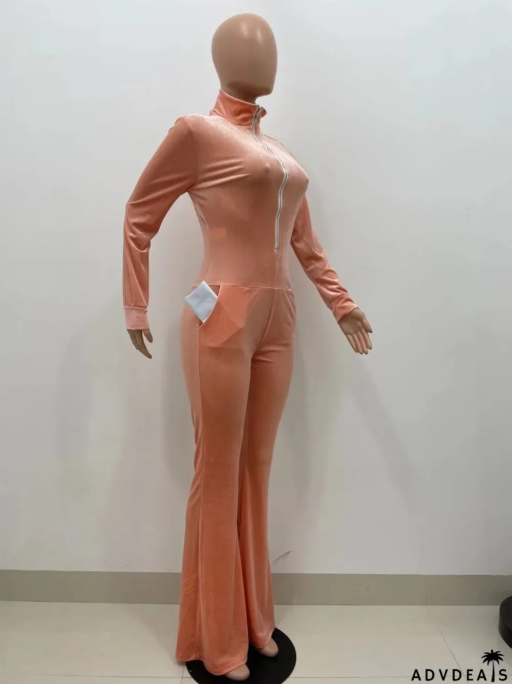 Solid Velvet Long Sleeve Zipper Flared Jumpsuit