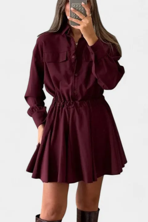 Structured Long-Sleeve Shirt Dress with Waist Cinch