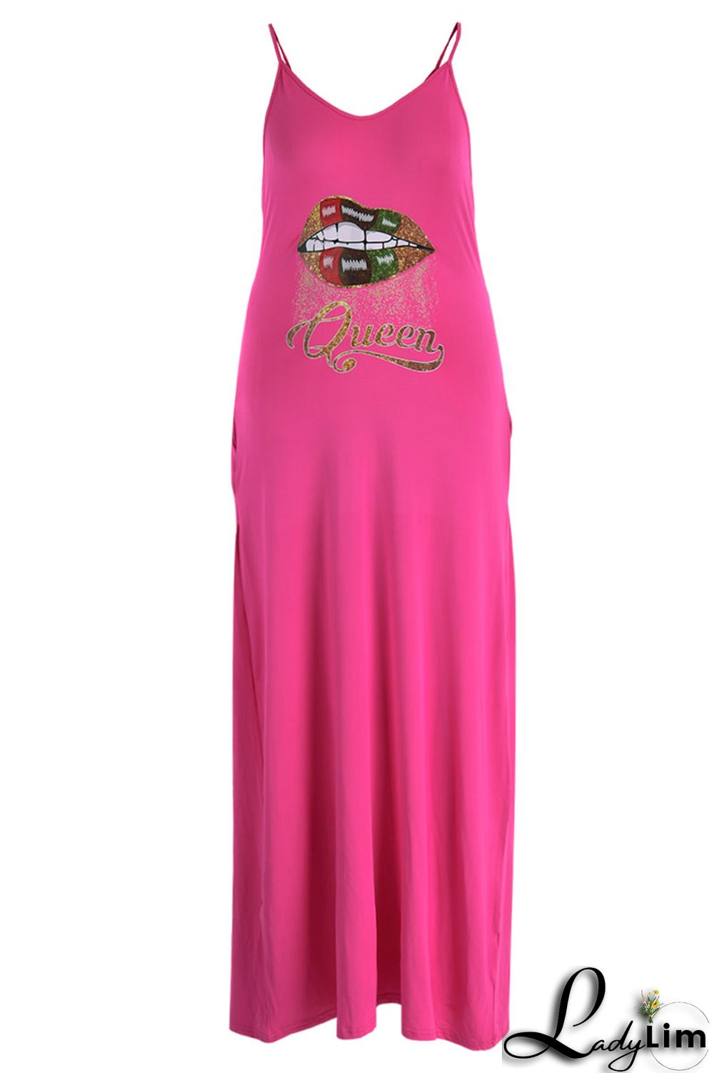 Black Casual Print Split Joint Spaghetti Strap Sling Dress Plus Size Dresses