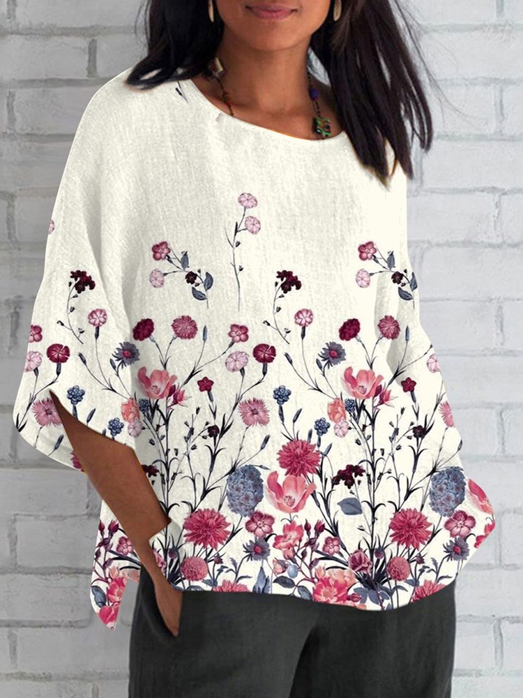 Comstylish Casual Floral Print Crew Neck Linen T-Shirt