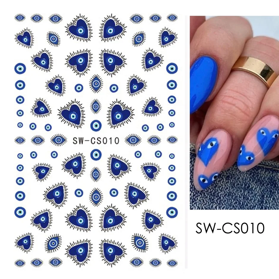 Applyw Heart Nail Design Blue Red Evil Eye Nail Art Decoration Sticker Press on Nails Valentine Decals Manicure Accessory SASW-CS012