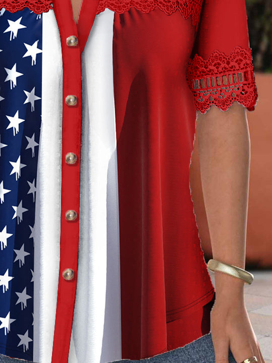 Women's Short Sleeve V-neck Lace Stitching Hollow Graphic Top