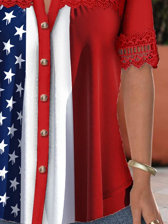 Women's Short Sleeve V-neck Lace Stitching Hollow Graphic Top