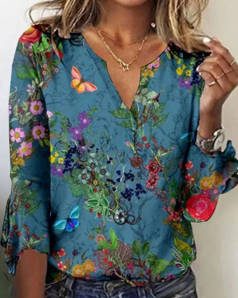 Casual V-Neck Printed Flare Sleeve Top