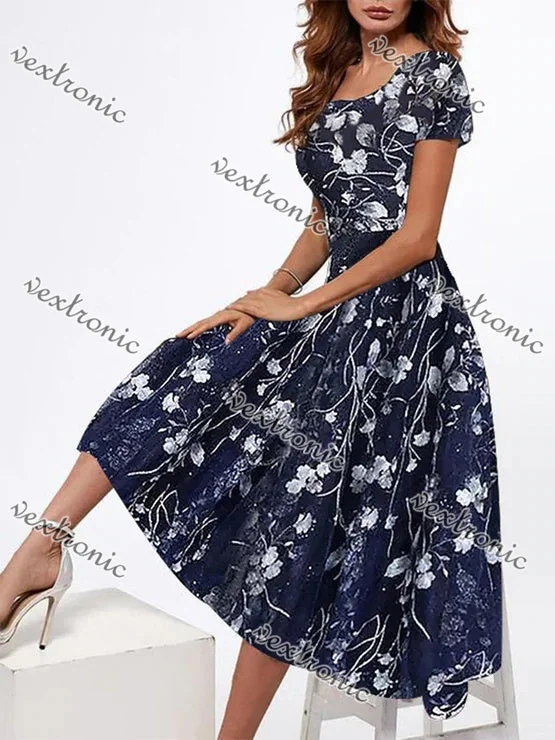 Women's Blue Short Sleeve U-neck Graphic Floral Printed Midi Dress