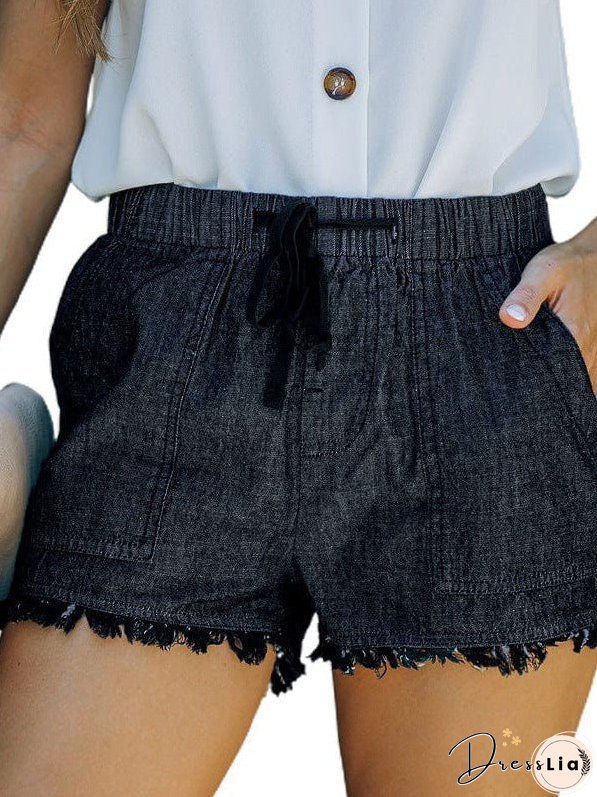 Women'S High Waist Denim Shorts With Elastic Waistband And Fringed Details
