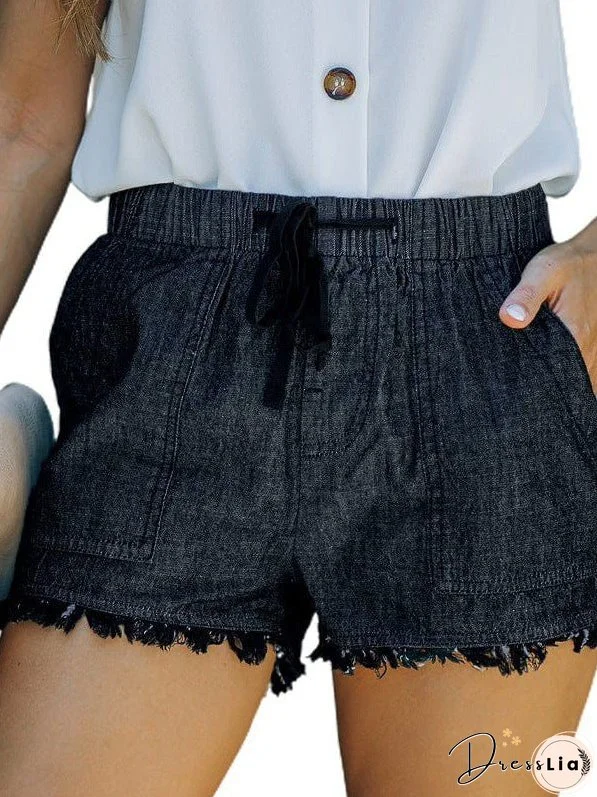 Women'S High Waist Denim Shorts With Elastic Waistband And Fringed Details